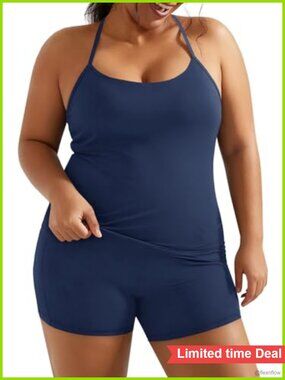 Plus Size Workout 2 Piece Set Halter Tank Top 5" Biker Shorts Gym Yoga